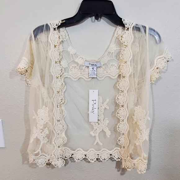Pinky Tops - Pinky cream lace crocheted boloero jacket Cardigan‎ coverup Size Medium New
